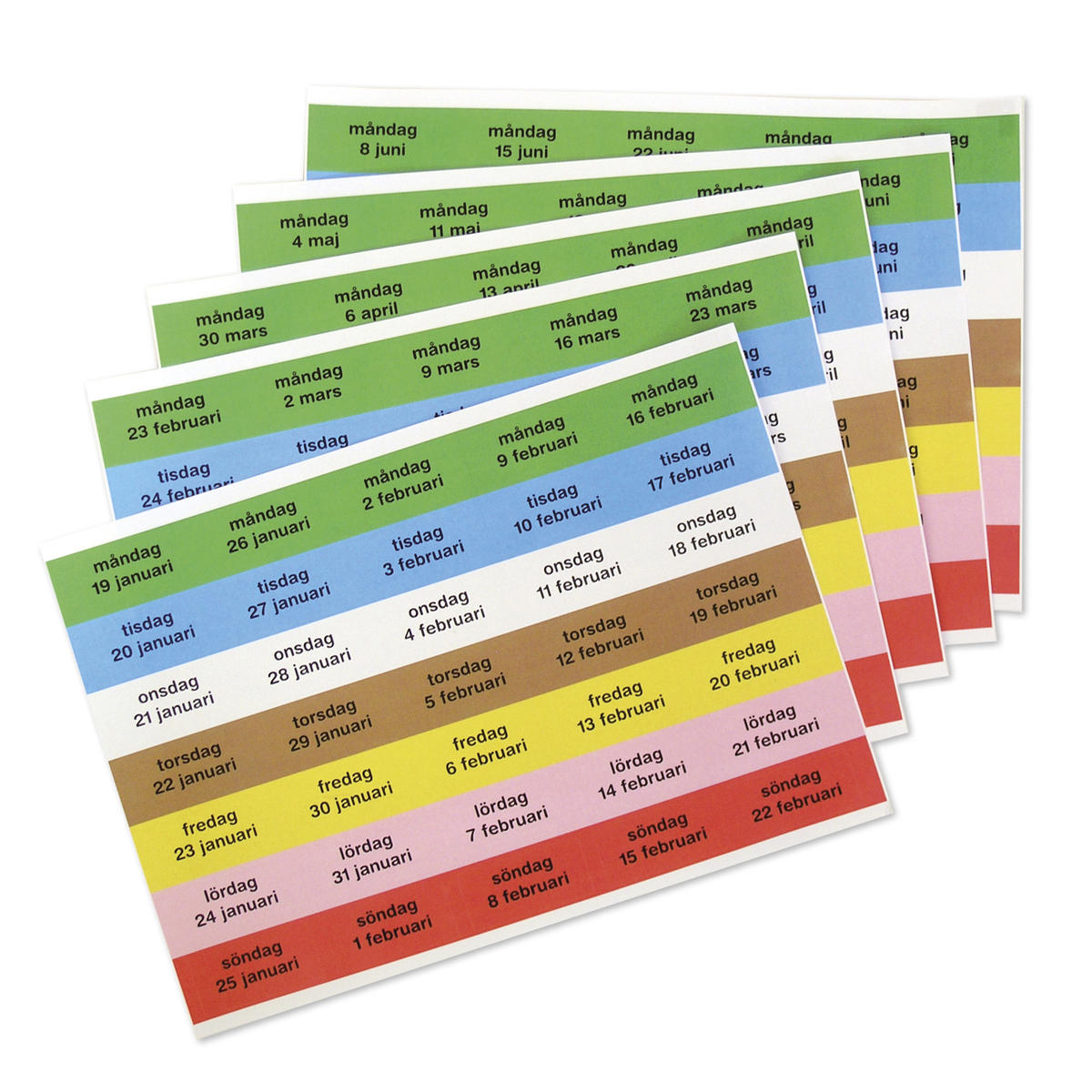 Datumetiketter i veckodagsfärger, vårterminen
